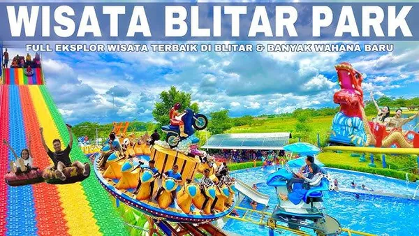 Rombongan sekolah saat berfoto bersama di area taman bermain Blitar Park yang luas